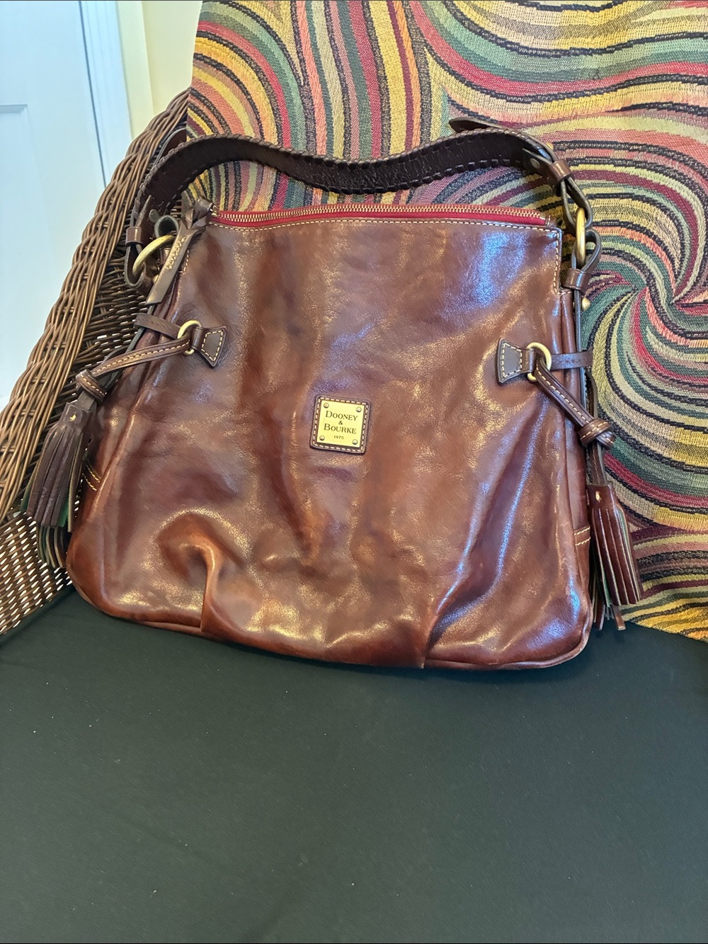 Dooney & Bourke Brown Leather Shoulder Bag with Tassels